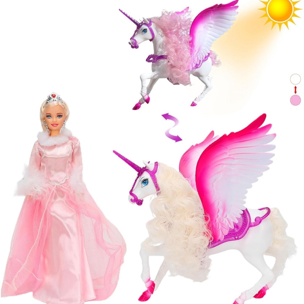 BETTINA White Unicorn🦄Set&12"FairyTale Princess👸🏽DollColor🌈ChangeHairHorse🦄